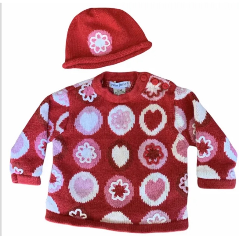 Lydia Jane Sweater & Hat Baby Girl 12 Mo Red Pink Hearts Valentines Day
